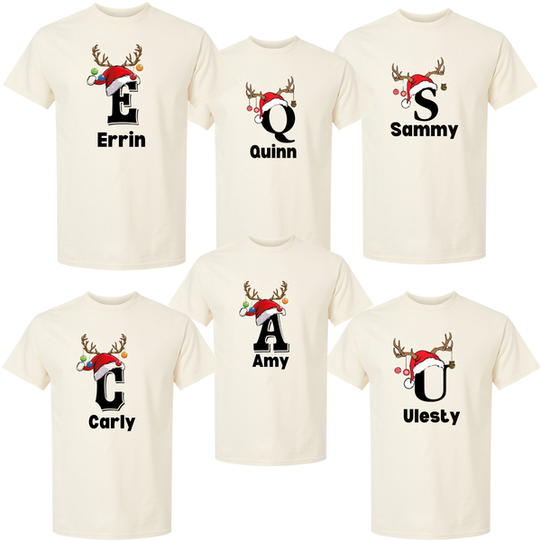 Monogrammed Santa Hat Reindeer Alphabet Family Shirt, Custom Matching Christmas Family Hoodie, Letter Christmas Name Sweatshirt